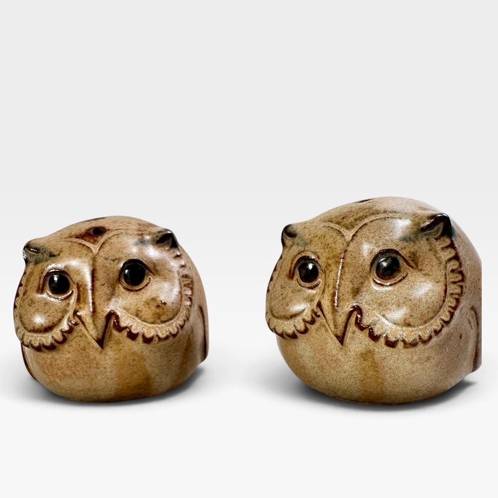 Vintage Stoneware Owl Salt and Pepper Shakers Brown Speckled Glaze Ceramic Set